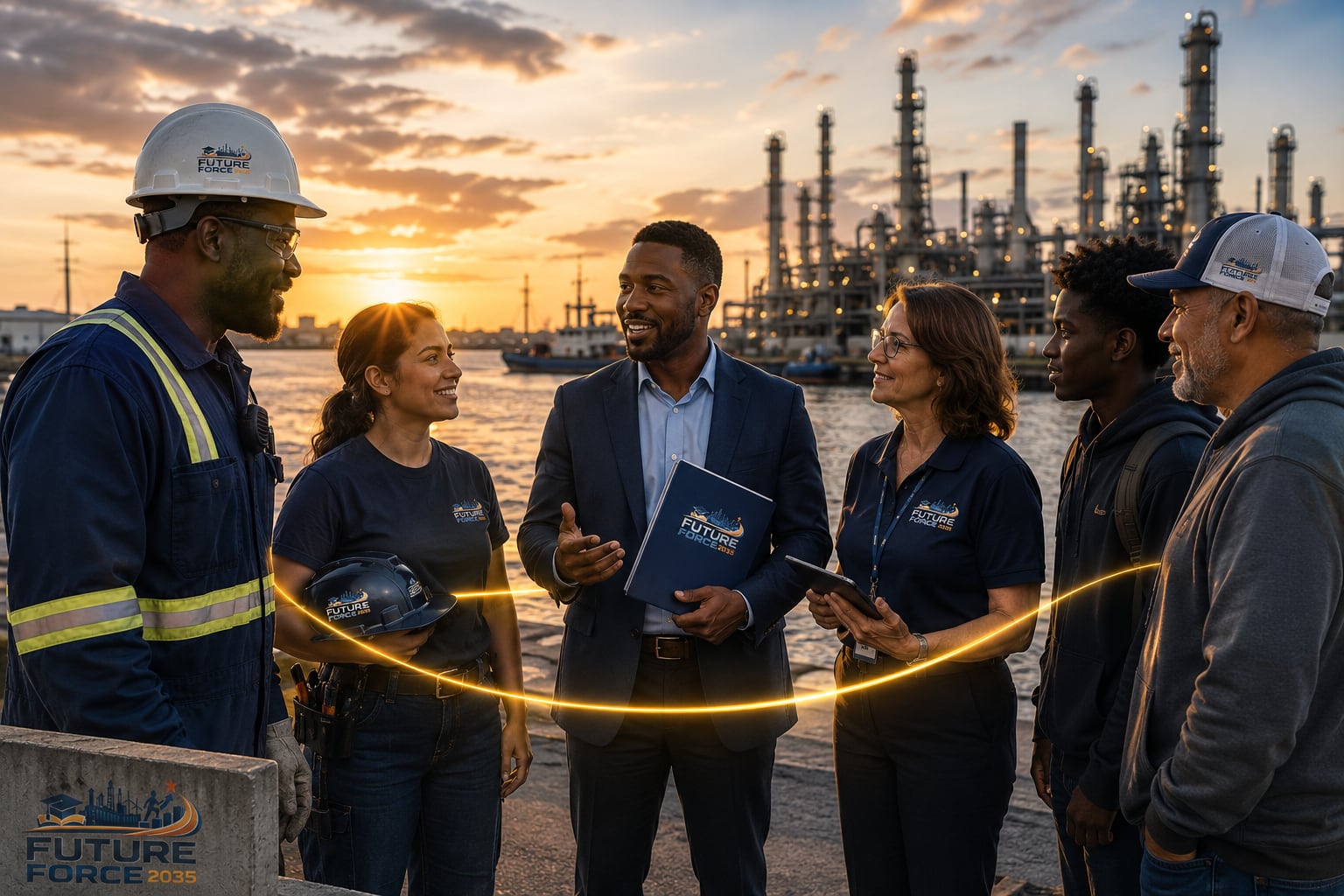 Industrial workers, community members, and partners gathered near the Port Arthur waterfront.